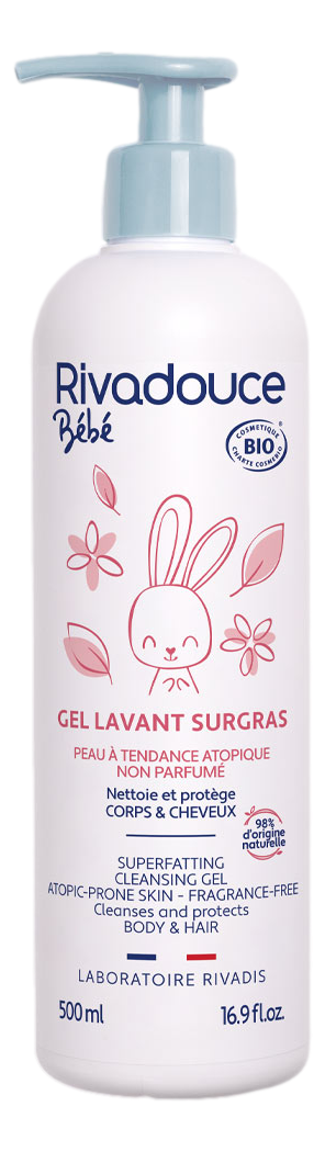 RIVADOUCE BEBE BIO GEL LAVANT SURGRAS NON PARFUMÉ  formulé pour les tout-petits à la peau sèche ou à tendance atopique.